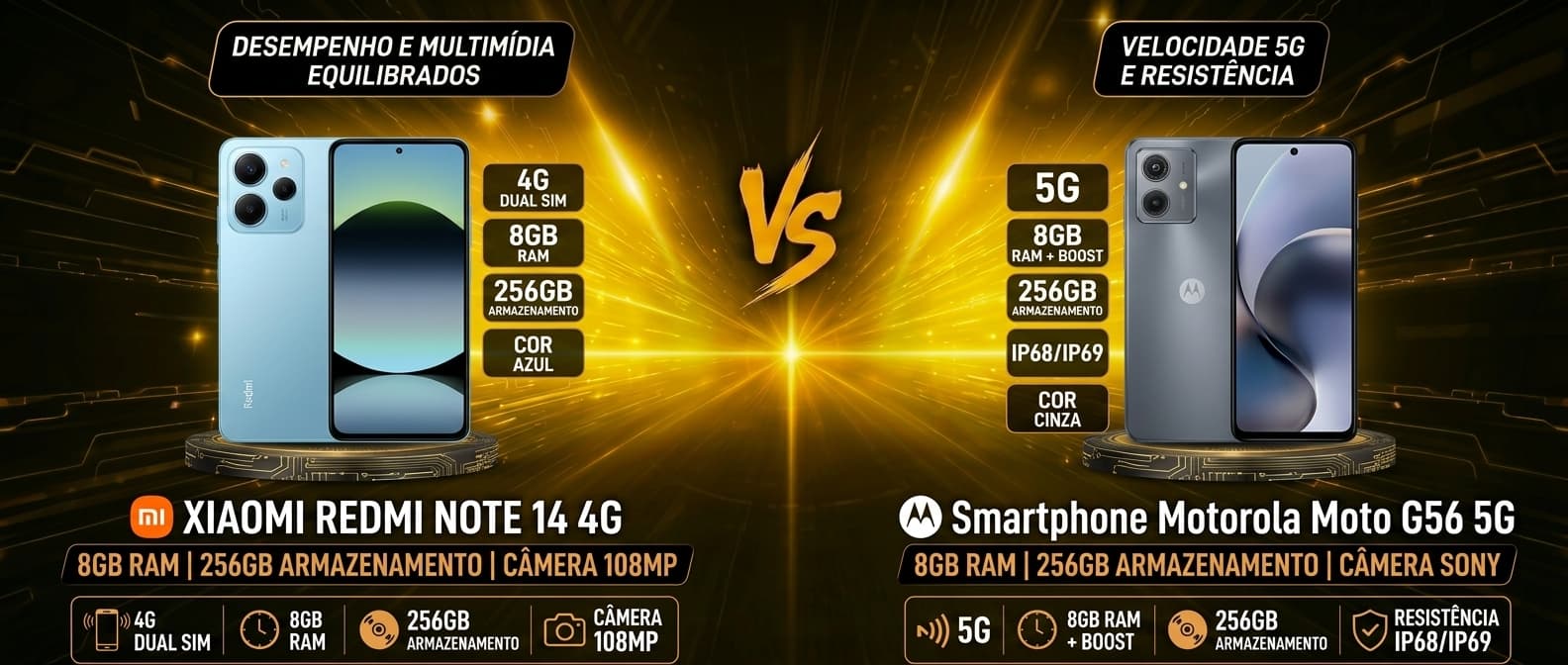 Xiaomi Redmi Note 14 4G vs Motorola Moto G56 5G: Tela AMOLED ou resistência de verdade?