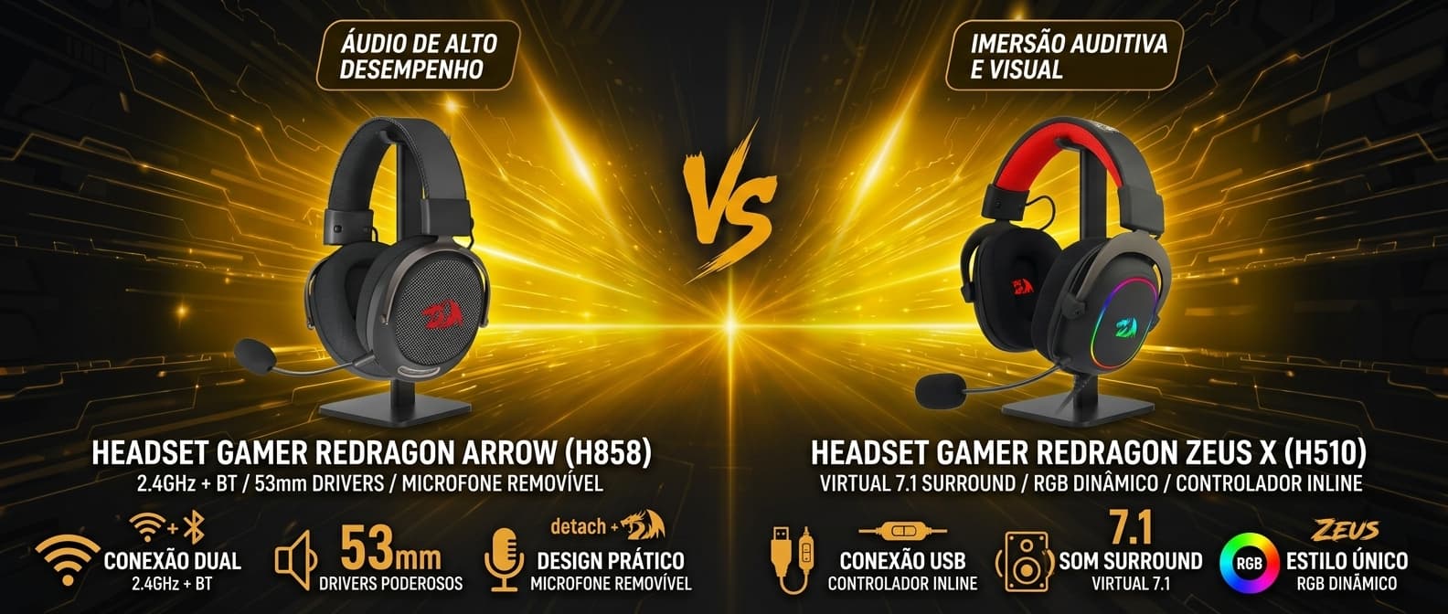 Redragon Arrow H858 vs Zeus X H510 RGB: Qual headset wireless da Redragon vale mais a pena?