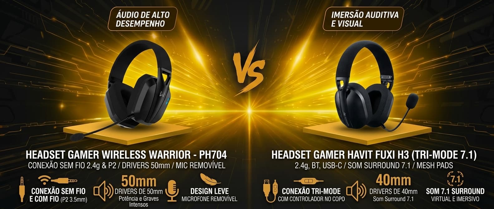 Headset Warrior PH704 vs Havit Fuxi-H3: Qual wireless custo-benefício vale mais a pena?