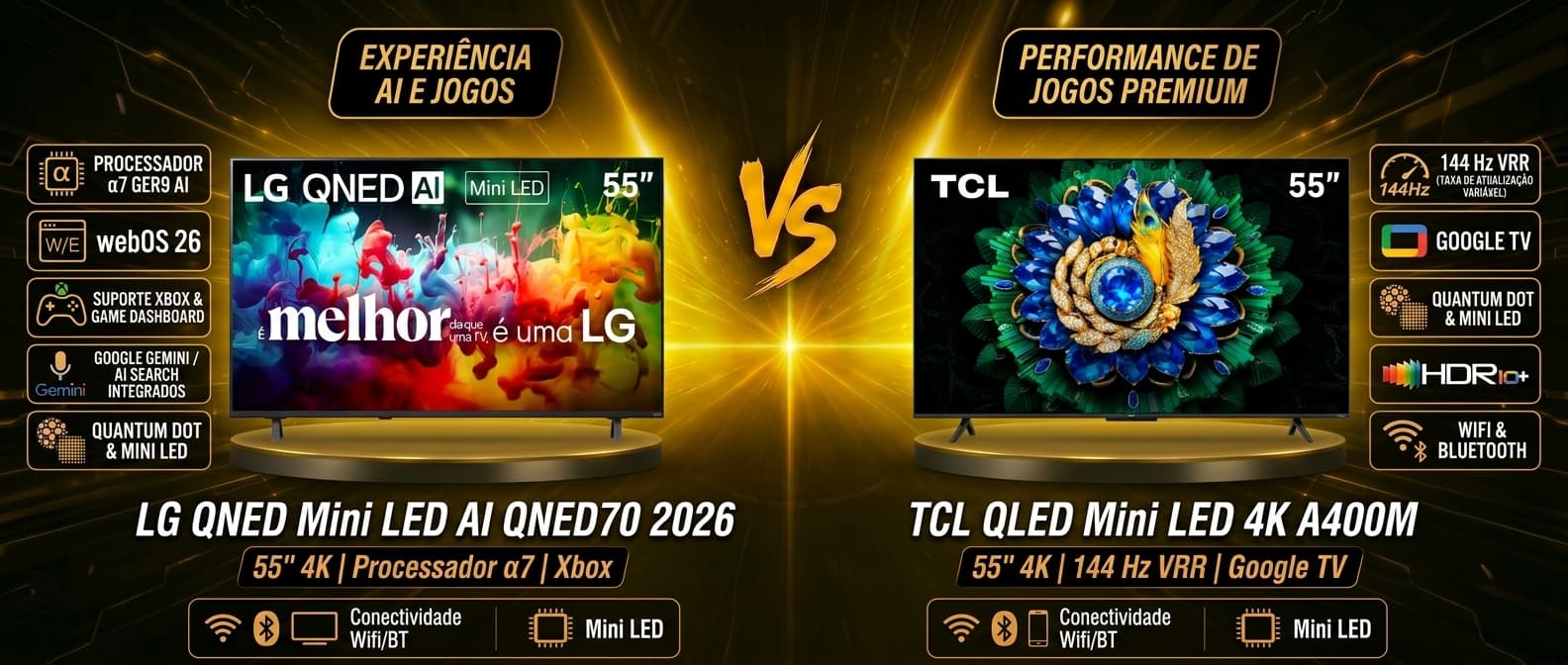 LG QNED70 vs TCL A400M: Qual Mini LED de 55' vale mais a pena?