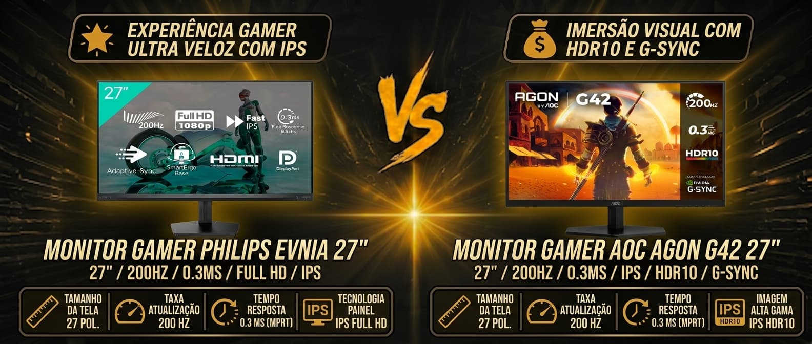 Monitor Philips Evnia 27'' vs AOC AGON G42 27'': Qual monitor 200Hz vale mais a pena?