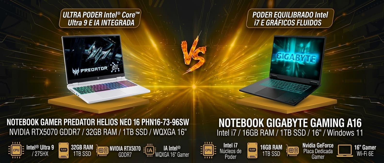 Predator Helios Neo 16 vs Gigabyte A16: Qual notebook gamer com RTX 5060/5070 vale mais a pena?
