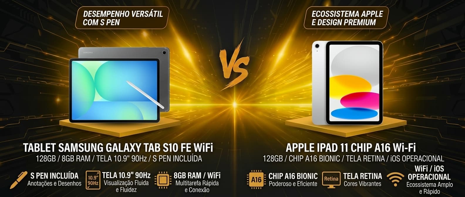 Tablet Samsung Galaxy Tab S10 FE vs iPad 11 (A16): Qual vale mais a pena?