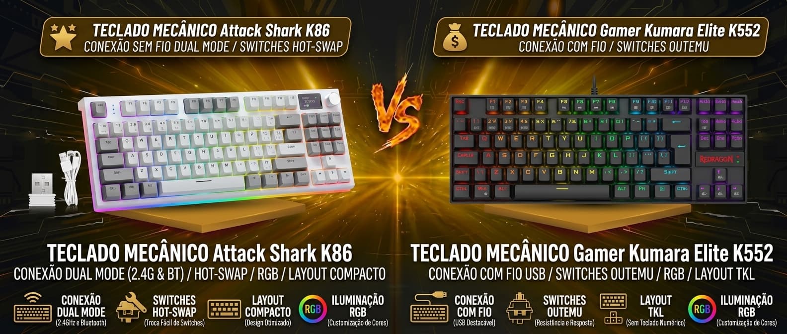 Attack Shark K86 vs Redragon Kumara Elite: Qual teclado mecânico sem fio vale mais a pena?