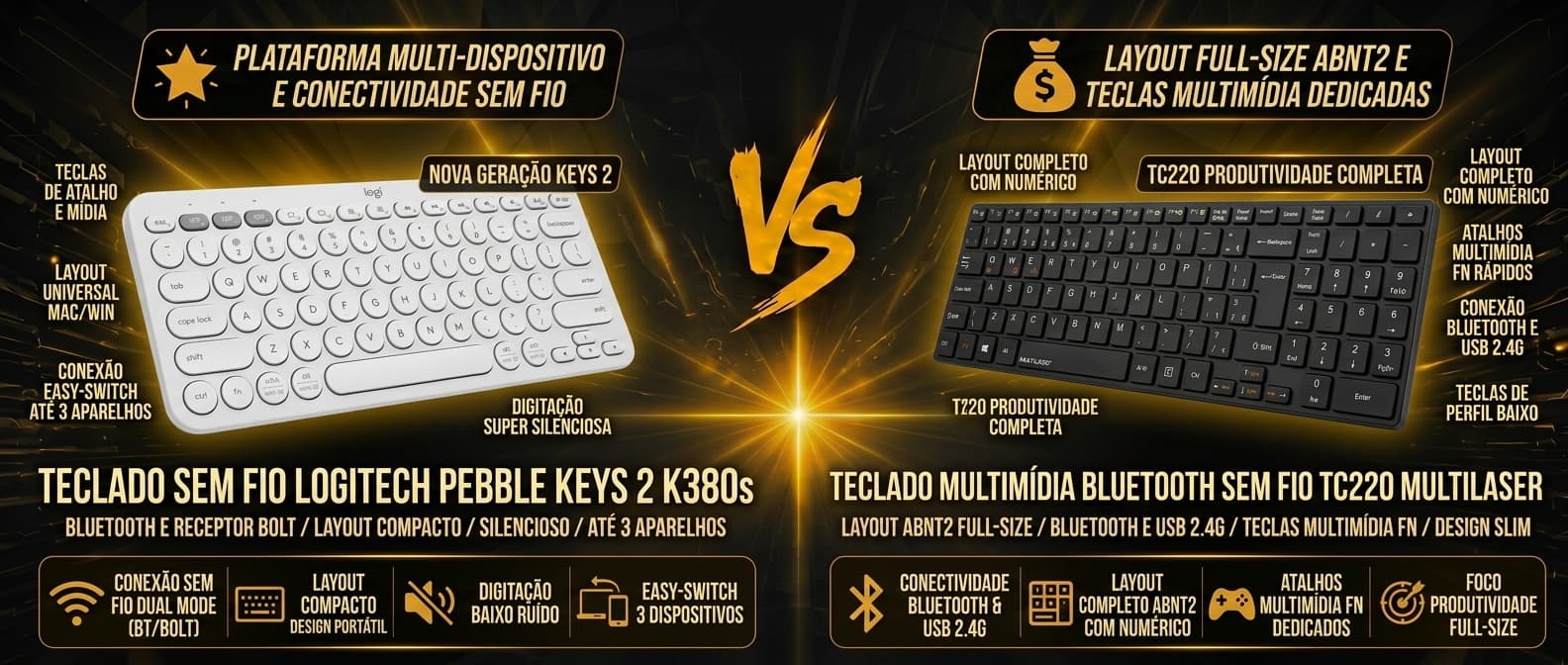 Logitech Pebble Keys 2 K380s vs Multilaser TC220: Qual teclado sem fio vale mais a pena?