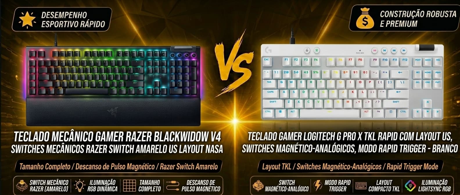 Razer BlackWidow V4 vs Logitech G PRO X TKL RAPID: Qual teclado gamer vale mais a pena?