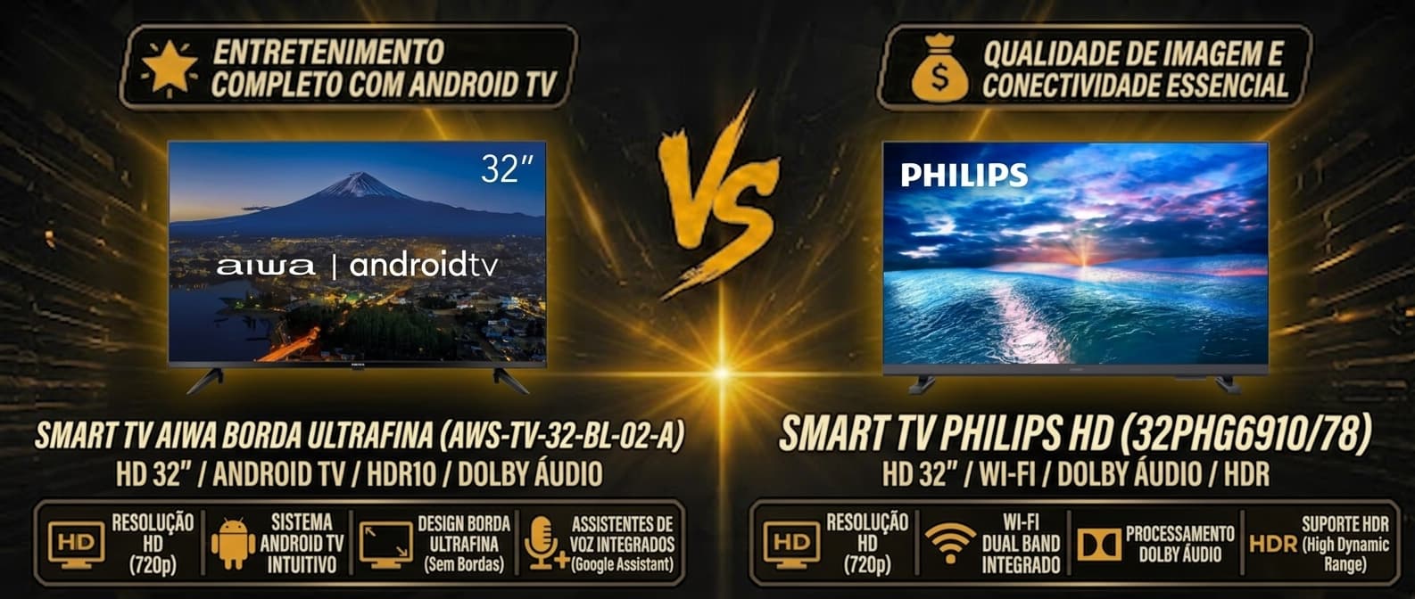 TV AIWA 32 Android vs Philips 32 Titan OS: Qual Smart TV HD de 32 polegadas vale mais a pena?