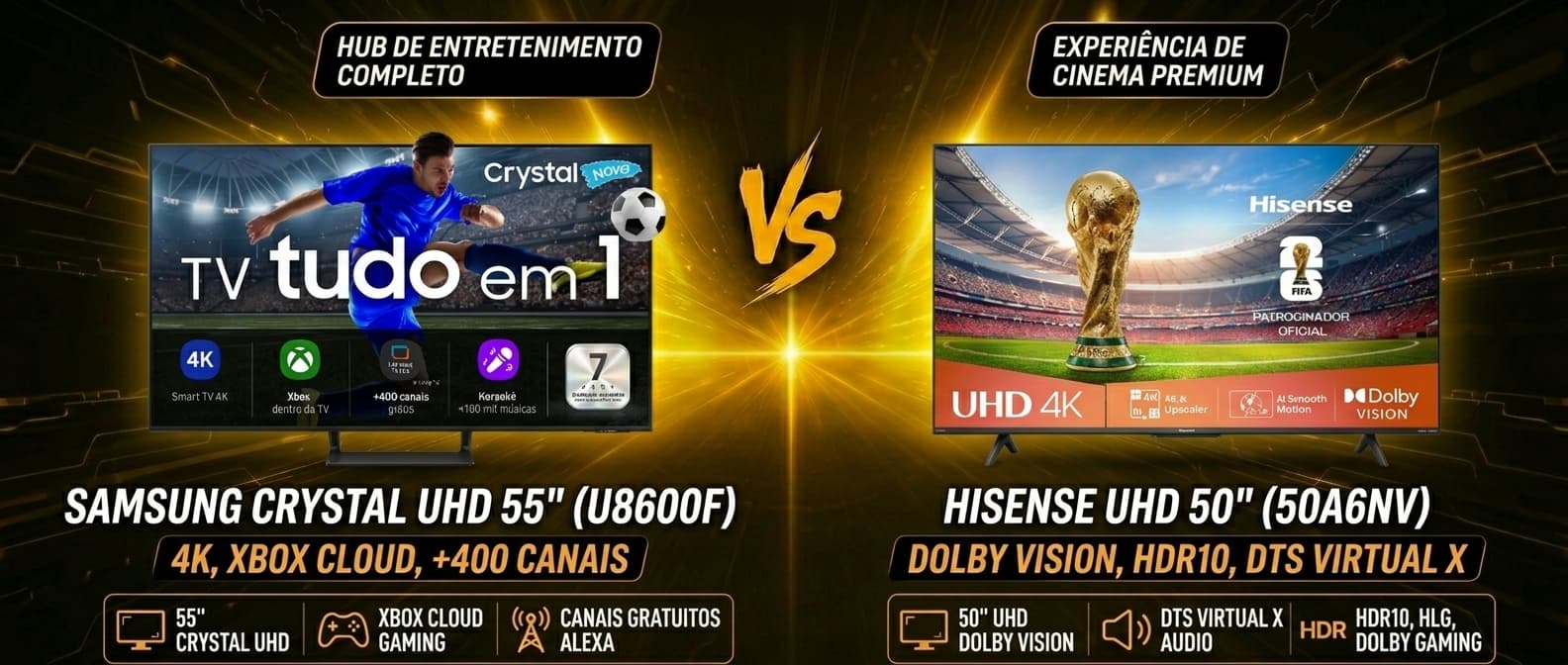 Samsung U8600F 55 vs Hisense 50A6NV: qual a melhor TV 4K barata?